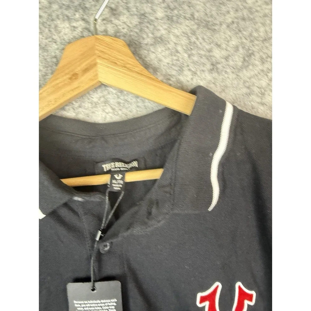 True Religion Polo Shirt Men's XL Rugby Short Sleeve Tipped Logo Graphic‎ Black